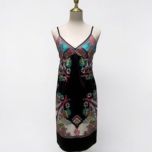 VTG ICE Paisley Floral Slip Dress 10 Black Multicolor Boho VNeck Satin Y2K Retro